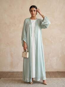 Hafizah Middle Eastern Modest Women Abaya Dress, Dubai Outerwear Cardigan Robe, Shiny Fabric, - Mint Green - View 6