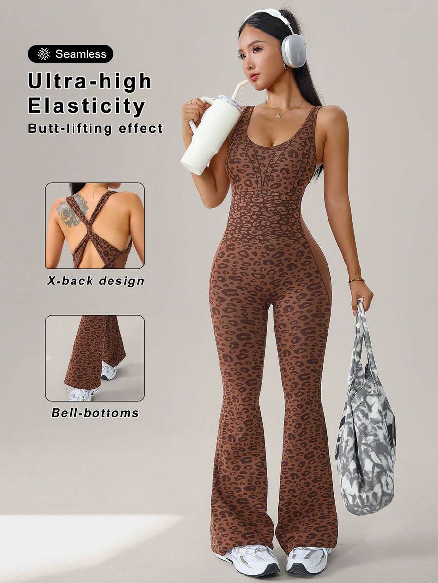 1 pieza Mono deportivo de mujer con estampado de leopardo sin costuras, pantalones acampanados, diseño de espalda cruzada, que levanta y da forma, atuendo perfecto para yoga, fitness, correr, uso casual - Café integral - Ver 1