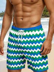 Men's Drawstring Waist Wave Print Casual Beach Shorts - Multicolor - View 1