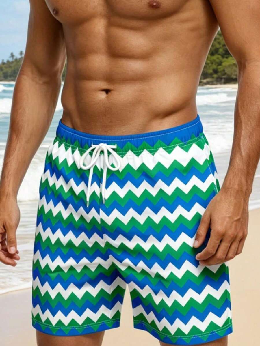 Men's Drawstring Waist Wave Print Casual Beach Shorts - Multicolor - View 1