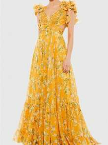 Women's Pleated Chiffon Printed Maxi Dress, INS Style Swing Dress For Vacation Party - Yellow - View 2