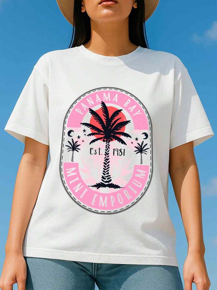Women's Oversized White T-Shirt With A Y2K Retro 1985 Tropical Palm Tree And Panama Beach Print, Designed For Casual Summer Outings And Holidays, Featuring A Retro Pink And Black Pattern - 白色 - 查看 1