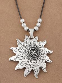 SUPBORA 1pc Fashionable Matte Gold/Silver Color Boho Oversized Exaggerated Sun Pendant With Beads Black Wax Rope Necklace For Women's Daily Wear - Multicolor - View 12