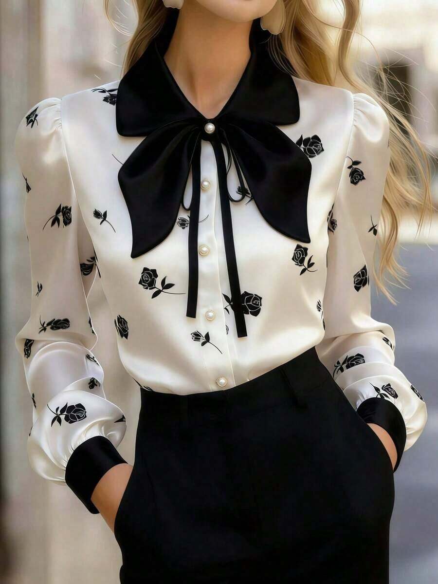 Blusa de satén con estampado de rosas para mujer, de manga larga y abotonada con cuello de lazo, de corte regular, adecuada para la oficina o uso casual en color rosa - Blanco - Ver 1