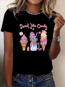Women'S Sweet Candy Ice Cream Cone And Jar T-Shirt, Black with Candy Jar And Ice Cream Cone Print, Machine Washable Breathable Casual Shirt Suitable for St. Patrick'S Day Gift, Casual Attire Comfortable Wear - Negro - Ver 2