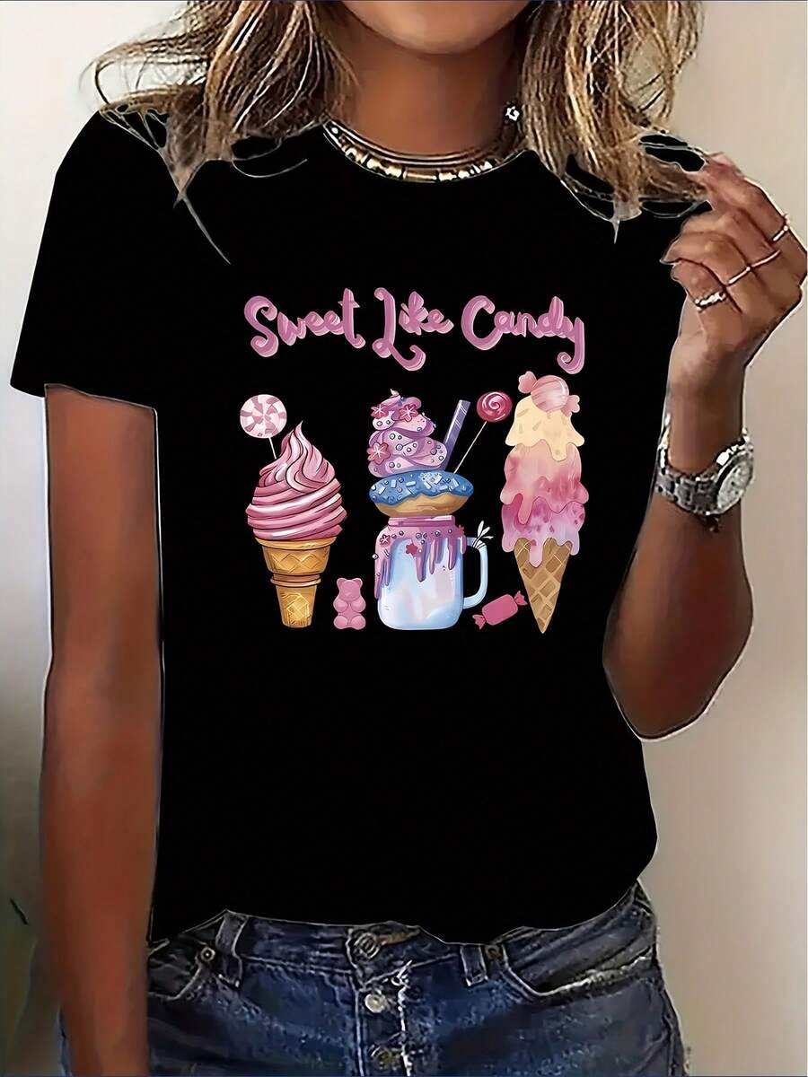 Women'S Sweet Candy Ice Cream Cone And Jar T-Shirt, Black with Candy Jar And Ice Cream Cone Print, Machine Washable Breathable Casual Shirt Suitable for St. Patrick'S Day Gift, Casual Attire Comfortable Wear