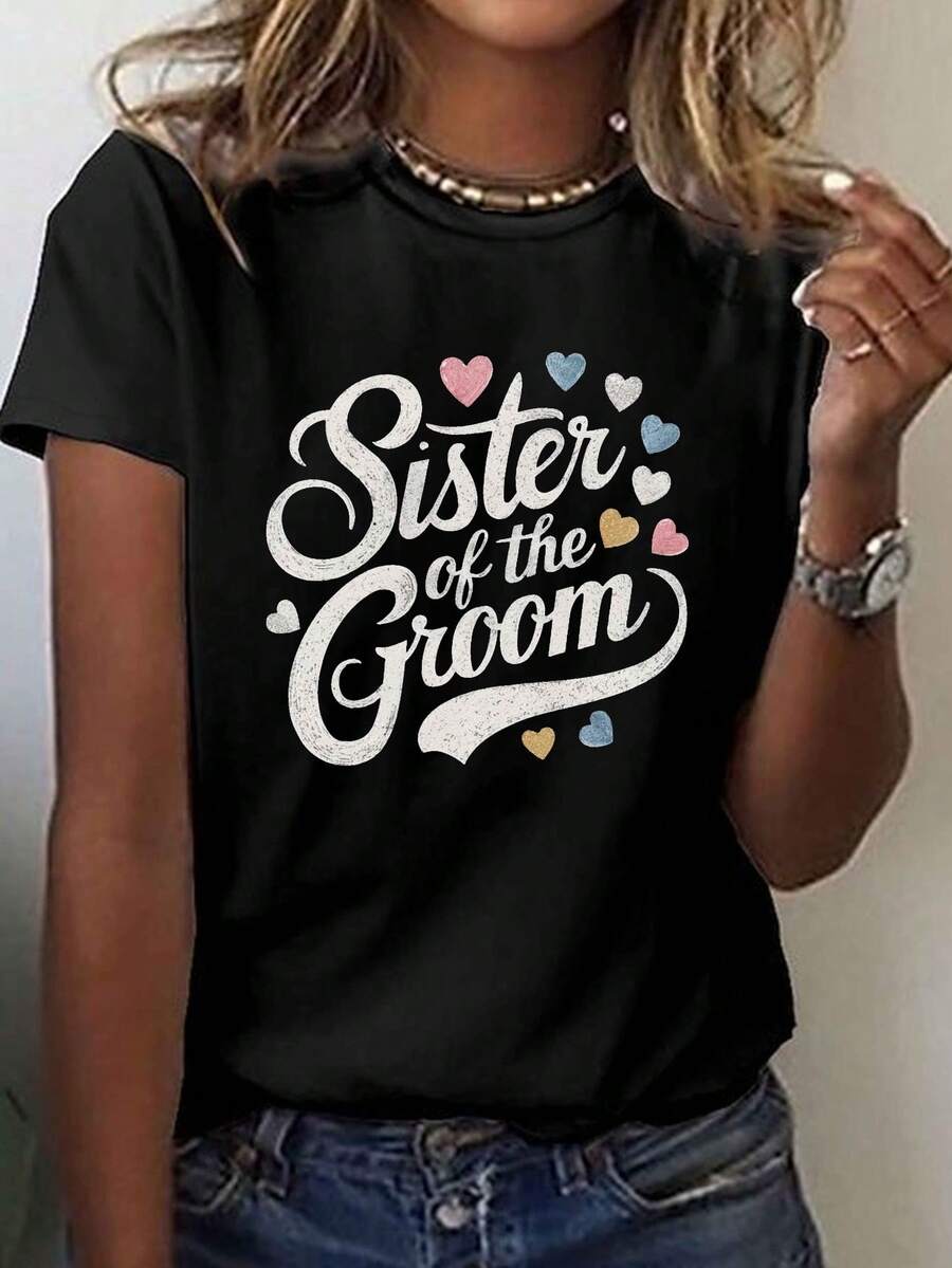 Women's Wedding Guest T-Shirt Suitable For Groom's Sister Role - Casual Short-Sleeve Crew Neck Blouse-Compatible Design (Machine Washable) Spring Summer Outfits For Groom's Sister Attire - 黑色 - 查看 1