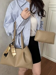 Túi xách nữ cỡ lớn cá nhân hóa mới năm 2026, túi đeo vai tối giản dành cho công sở và đi làm, túi tote kiểu khăn quàng cổ phong cách Châu Âu và Mỹ. - Màu Khaki - Xem 3