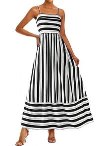 SXPRETTYGARDEN Women Summer Maxi Dresses 2026 Spaghetti Strap Boho Floral Striped Wedding Guest Beach Vacation Flowy Long Dress - Lá chuyển sang màu nâu - Xem 7