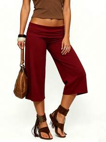 Women Yoga Capri Pants Wide Leg Cropped Pants With Fold Over Waistband For Fitness Workout Light Grey Lounge Pants For Women Elastic Waist 3/4 Length Pants Casual Culottes Trousers For Daily Wear - 酒紅色 - 查看 3