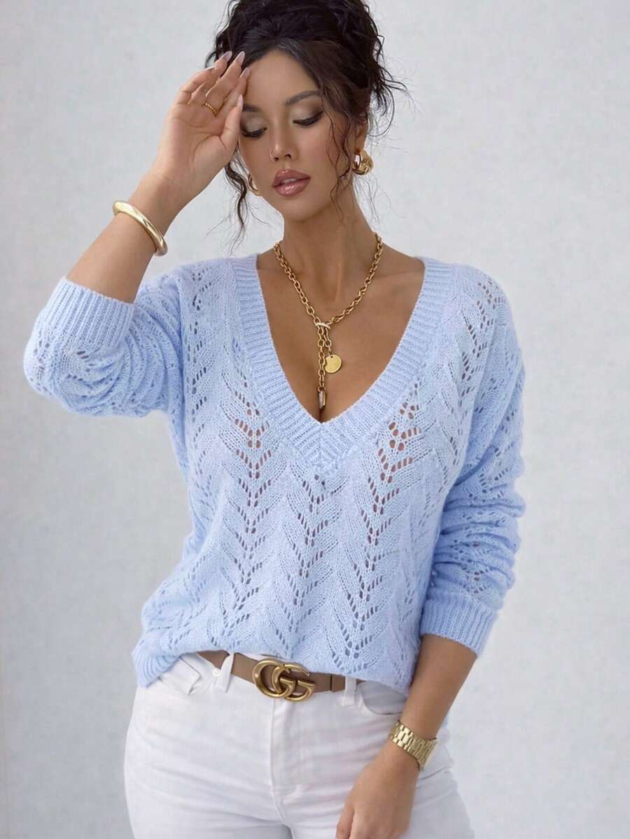 Áo len dệt kim cổ chữ V khoét sâu màu xanh da trời nhạt dành cho nữ cỡ lớn, kiểu dáng rộng rãi thoải mái, áo đơn sắc thời trang mùa xuân/thu cho kỳ nghỉ.