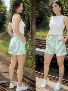 Striped Shorts, Linen, Lined Pocket, Home, Beach, Night, Daily, Summer - 薄荷綠 - 查看 2