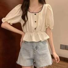 Smvp-Camiseta de gasa con mangas abullonadas para mujer, Tops cortos ajustados a la cintura con volantes, camisetas blancas informales que combinan con todo para verano - Albaricoque - Ver 4