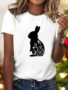 Estampado de Arte de Conejo de Pascua - Elegante y a la Moda - Camiseta de Cuello Redondo para Mujer, Manga Corta Deportiva Casual, Tallas S-XXL, Varios Colores Disponibles - Blanco - Ver 2