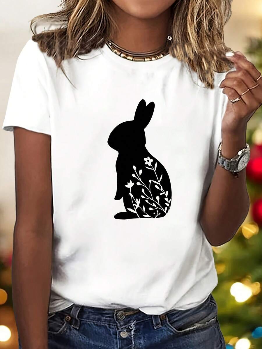 Estampado de Arte de Conejo de Pascua - Elegante y a la Moda - Camiseta de Cuello Redondo para Mujer, Manga Corta Deportiva Casual, Tallas S-XXL, Varios Colores Disponibles