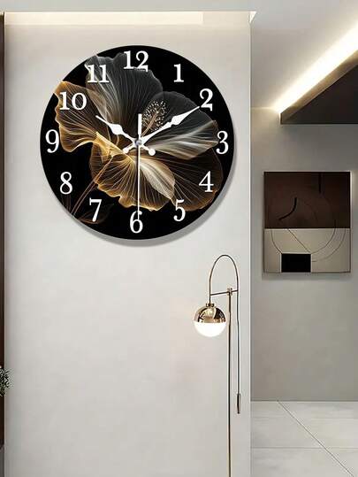 1 Stück leise Nicht-Tickende Holz Wanduhr - 2D flaches rundes abstraktes Blumen Design schwarzer Hintergrund mit goldenen Akzenten, verwendet AA Batterie (nicht enthalten), geeignet für Wohnzimmer, Schlafzimmer, Küche, Büro - 25cm/30cm, kleine Wohnzimmer Schlafzimmer Uhr, elegant & langanhaltend