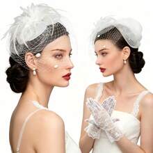 2-Piece Elegant Vintage Style Hat And Gloves Set, With Mesh Veil Accessory, French Elegant Romantic Solid Color Mesh Veil Hat And Lace Gloves Set - White - View 3