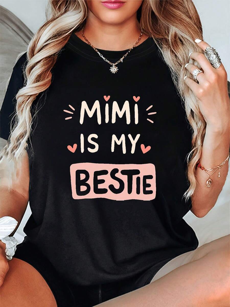 Women's Black Best Friend T-Shirt Gift Idea Soft Crew Neck Machine Washable Everyday T-Shirt MIMI IS MY BESTIE Letter Print T-Shirt Suitable For Friends Cute Friendship T-Shirt Street Style Short Sleeve - 黑色 - 查看 1