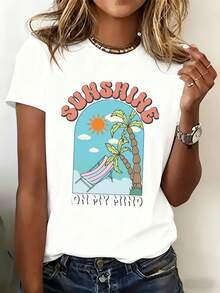 Women's 1pc Short-Sleeved Round Neck T-Shirt, Suitable For Spring, Autumn And Summer, Fashionable And Distinctive Print, Beach Style, Casual Travel, Can Be Worn At Home, Daily, Suitable For Holiday Wear, Holiday Gifts - 白色 - 查看 1