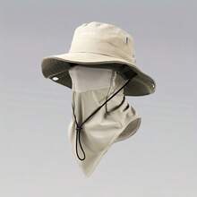 (Hat + Face Mask) Outdoor Wide-Brimmed Sun Hat, Solid Color, Foldable Brim, Beach Fishing Hat, Suitable For Beach Fishing, Hiking, Outdoor Work, Breathable, Drawstring Closure, Elastic Breathable Mesh Ice Silk Face Mask Can Block Mosquitoes. - Multicolor - View 3
