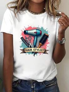 Herramientas de peinado Ilustración Banner Imprimir camiseta, manga corta cuello de tripulación Top casual para verano y primavera, ropa de mujer - Blanco - Ver 2