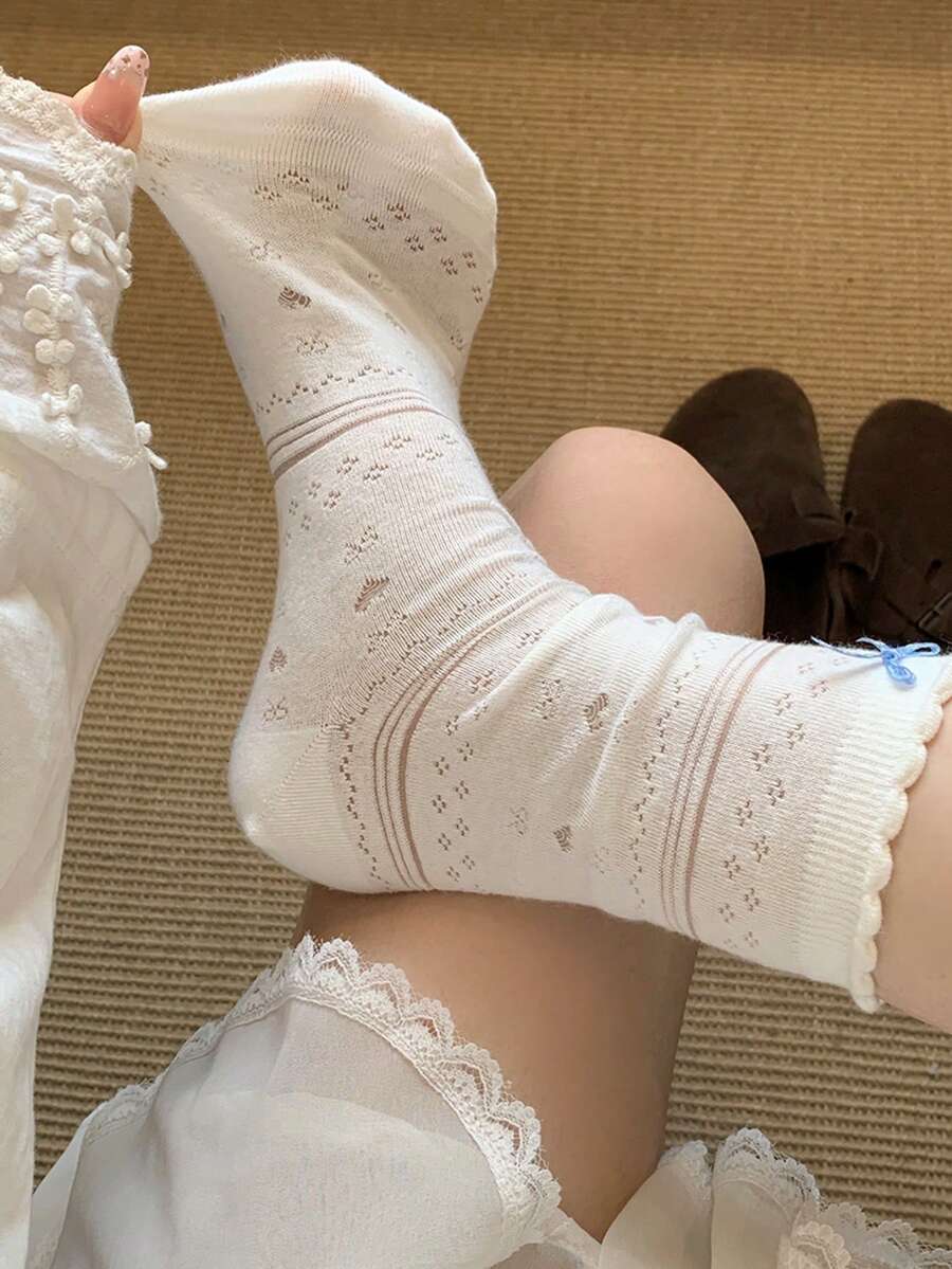 4 Pairs Women's Cute Polka Dot Ruffle Edge Comfortable Casual Mid-Calf Socks, White, Breathable And Soft, Suitable For School, Daily Wear, Random Color, Suitable For Spring, Summer, Autumn, Winter All Seasons - Multicolor - View 1