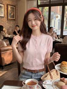 Áo khoác cardigan tay ngắn ôm dáng, cổ tròn, cài cúc phía trước, thêu nơ, thích hợp cho mùa hè. - Hồng - Xem 3