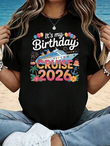 It's My Birthday Cruise With Balloons, Cake, Summer Flowers And A Sweet Vintage Fresh Party Design, A Holiday Theme For Women's Spring And Summer Crew Neck T-Shirts - 黑色 - 查看 1