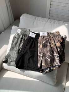 Set de 3 shorts casuales con estampado de lunares, estampado de leopardo claro y estampado de leopardo marrón oscuro, de tela tejida, adecuados para uso diario, set de shorts con estampado de camuflaje, adecuados para el uso diario, citas, fiestas, otoño/invierno/verano, Navidad, Año Nuevo, Acción de Gracias, fiestas, bodas, playa, ceremonias de graduación, moda, elegante, casual, salidas, citas, reservas, viajes, brillante, Día de San Valentín, elegante, vacaciones, casual, Y2K, salidas, ceremonias de graduación y otras ocasiones. - Gris 2 - Ver 3