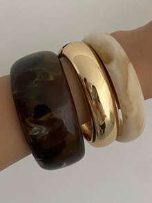 3pcs Fashionable Acrylic & Metal Layered Bangle Bracelet Set, Versatile For Daily Commute - Brown - View 3