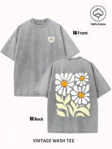 2026 Summer New Heavyweight Pure Cotton Washed Vintage T-Shirt Men'S Vintage Wash Pattern Printed T-Shirt - Floral Print Design, Vintage Wash Appearance, Round Neck Short Sleeve, 230g Washed Cotton, Summer Comfort Casual T-Shirt, Regular Version, Machine Washable Men Clothing For Men And Women, Washed T-Shirts, Street Fashion Brand Washed T-Shirts - 黑色 - 查看 4