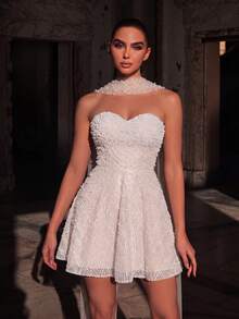 Luxury Strapless Mini Dress With Beaded Sequins And Tulle Sashes For Red-Carpet Events, Wedding Receptions, And Evening Galas. - Apricot - View 4