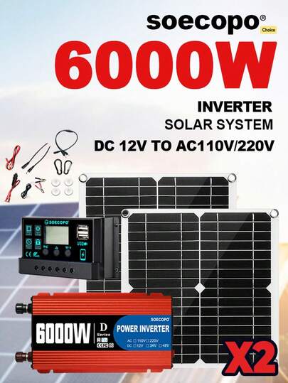 Bộ máy phát điện năng lượng mặt trời 6000W-10000W: Biến tần độc lập (12V sang 110V/220V) + 2 tấm pin mặt trời 300W + Bộ điều khiển sạc