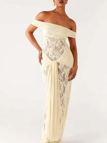 Vestido Largo Mujer de Encaje Hombros Descubiertos o Strapless con Nudo Ajustado Elegante Formal Fiesta Noche - Amarillo - Ver 5
