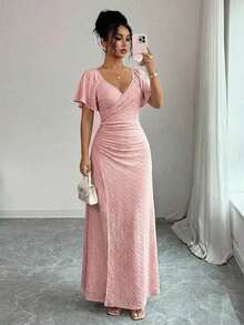 Vestido morado claro con cuello en V, mangas con volantes, cintura plisada y abertura, vestido elegante de dama de honor, vestido de fiesta, primavera/verano - Rosa - Ver 7