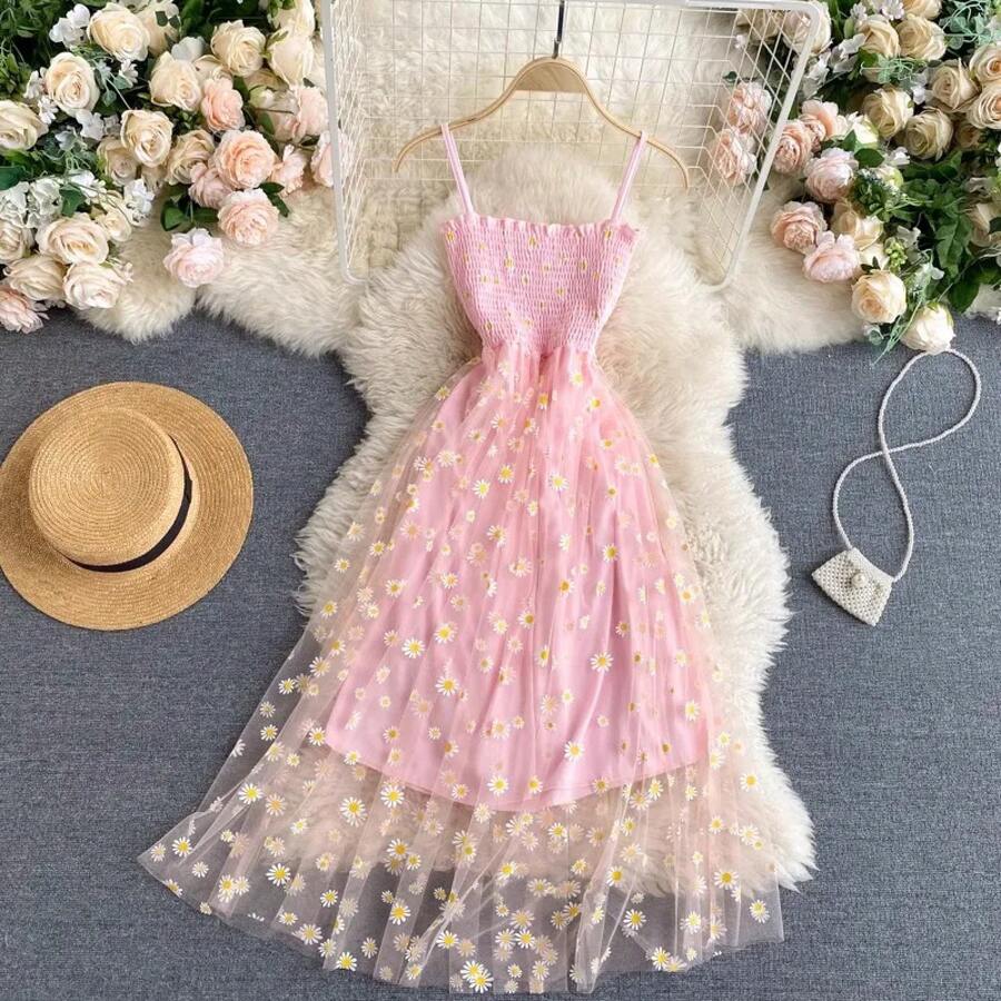YuooMuoo-vestido de mujer, moda coreana, estampado Floral, tirantes finos, vestido de fiesta de malla, Estilo de vacaciones, Vestidos de playa para mujer 2026 - Rosa - Ver 1