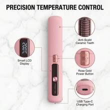 1个二合一迷你无线直发器/卷发棒，USB充电，内置4500mAh 3.7V锂电池，防烫伤，恒温设计，护发，便携式旅行直发器/卷发棒，适用于干发，经久耐用，迷你直发器配有防尘袋、1个梳子和1个发夹 - 粉色 - 查看 9