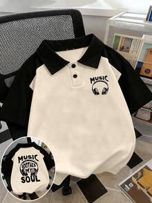 1件女童與青少年大尺寸 Polo 領短袖 T 恤，音樂主題印花圖案，休閒寬鬆運動短袖 Polo 領 T 恤 - 杏色 - 查看 1