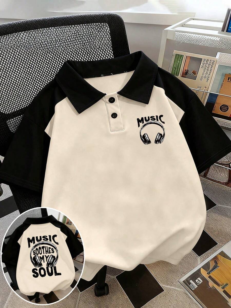 1件女童與青少年大尺寸 Polo 領短袖 T 恤，音樂主題印花圖案，休閒寬鬆運動短袖 Polo 領 T 恤 - 杏色 - 查看 1
