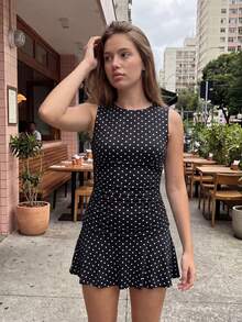 Women's Fitted Ruched Tank Mini Dress - Polka Dot Or Solid Color, Sleeveless Short Ruffled For Daily, Office  Party - Multicolor - View 5