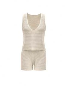 Conjunto de 2 piezas para mujer estilo casual de vacaciones, elegante y sexy, minimalista, unicolor, top sin mangas con cuello en V + shorts de pierna ancha con cintura elástica, primavera/verano - Albaricoque - Ver 7