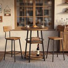 LITTLE TREE 90cm Round Bar Table, Counter Height Pub Table With Storage Shelves, Sturdy Metal Frame Brown Dining Table For Kitchen & Small Spaces - Brown - View 3