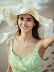 1 pieza Sombrero de sol plegable elegante para mujer - Caqui, con decoración de cinta de malla vintage, protección UV, adecuado para vacaciones de verano, días festivos, festivales - Multicolor - Ver 2