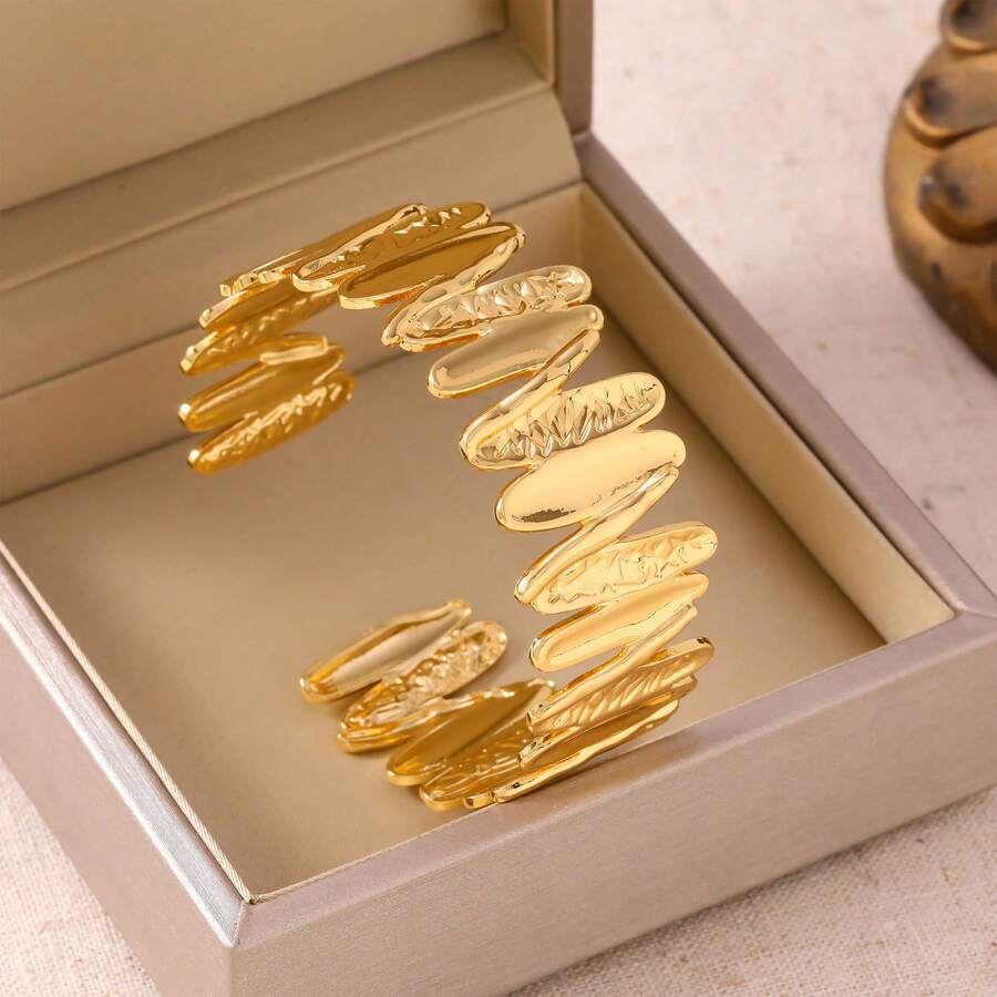 誇張設計 304 不鏽鋼女款手鍊,不對稱幾何線條設計,金色調可調節尺寸,適合四季配戴,低過敏且耐褪色,厚實波浪造型,適合各種場合或作為禮物 - AZ-021 - 查看 1