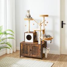 Cat Tree With Cat House, WoodeCat House With Cat Tree Tower, All-In-One Indoor Cat Furniture, Hidden Cat Litter Box Enclosure, Cat Apartment With Scratching Posts, Detachable Cat Teaser Sticks, Multifunctional Cat Tree, Rustic Brown - View 1