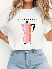 Italian "Good Morning" Espresso Drink Style BUONGIORNO Fashion Casual Printed Pattern Women's Round Neck T-Shirt - 白色 - 查看 6