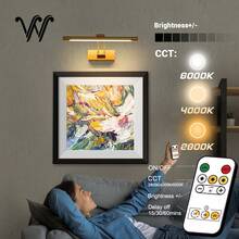 wamblz Wireless Rechargeable Picture Light With Remote Control, 3-Color Dimmable Timer Battery Powered Wall Lamp, CRI90+, Suitable For Bedroom, Living Room, Study, Hallway And Gallery, Gold - Gold - View 4