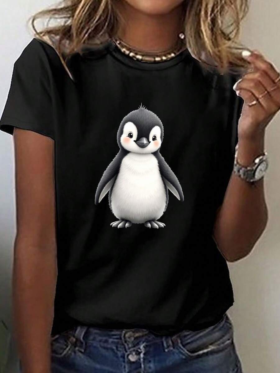 Pingüino con plumas pelusas impresión camiseta, manga corta cuello de tripulación top casual para verano y primavera, ropa de mujer