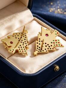 Women's Gold-Plated Christmas Tree Shaped Earrings, Inlaid With Red, Green Zirconia And Pink Zirconia Snowflake Accents, Elegant Holiday Design, Suitable For Daily Commute And Workwear, An Ideal Gift For Fashion Enthusiasts - Gold - View 3