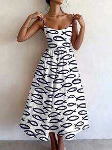 2026 Spring New Women's Clothing, Cross-Border European And American Dress, Sexy Waist-Cinching Pleated Solid Color Large Hem Strap Dress - 白底藍魚 - 查看 7